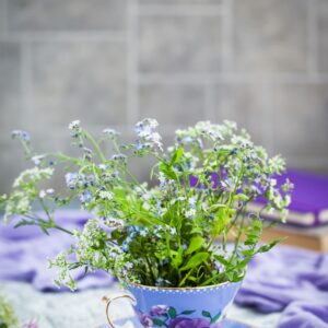 Bouquet of forget-me-nots in ceramic cup