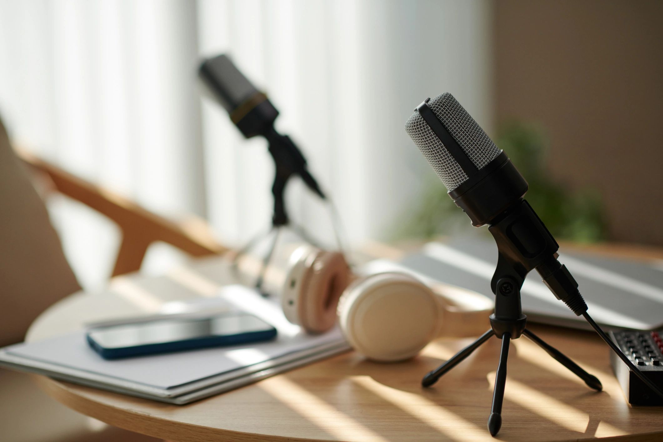 Podcast microphones prepared for an interview